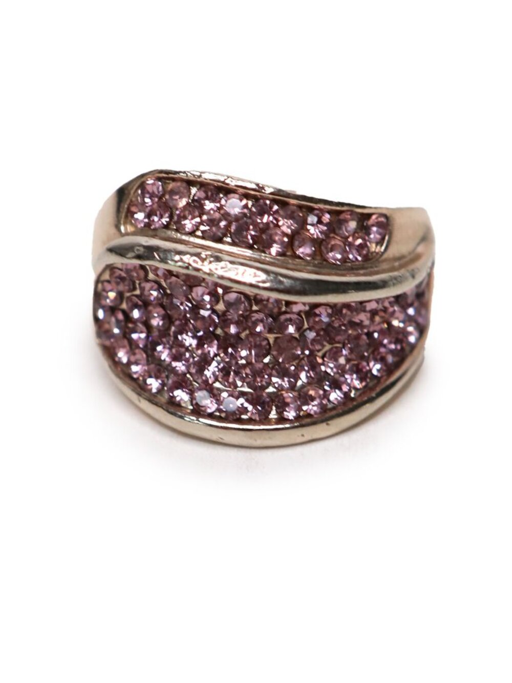 Gold Tone Pink Crystal Pavé Wave Statement Ring Rhinestone Cocktail Jewelry